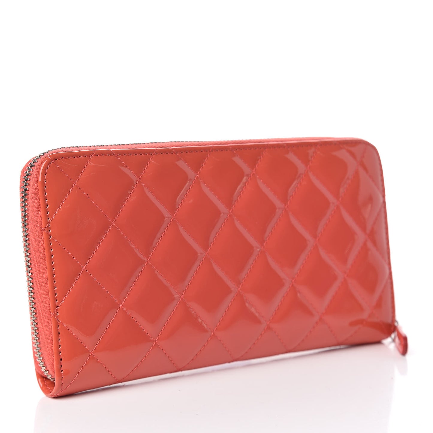 Patent Calfskin Quilted Large Gusset Zip Around Wallet Coral