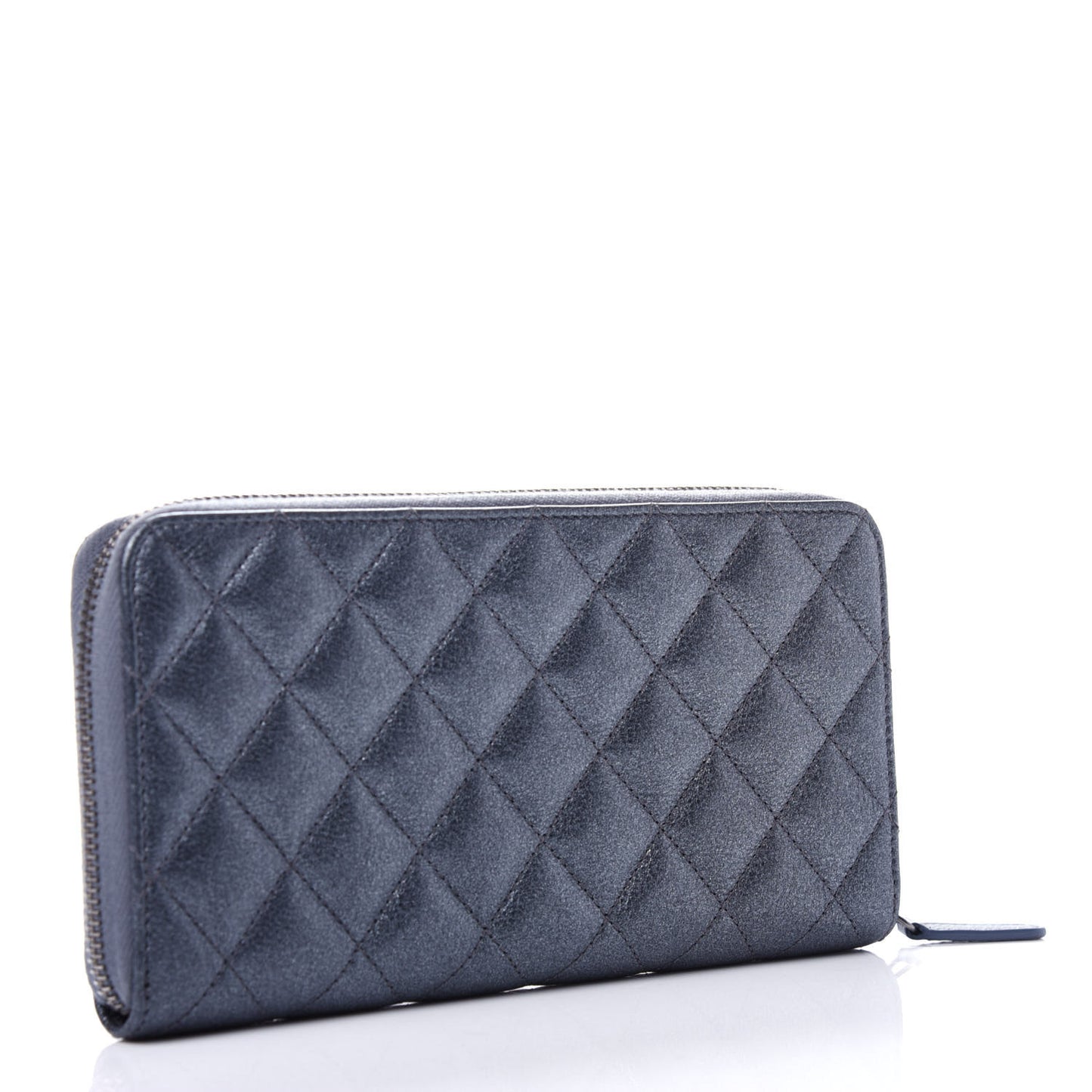 Metallic Calfskin Quilted Large Gusset Zip Around Wallet Charcoal