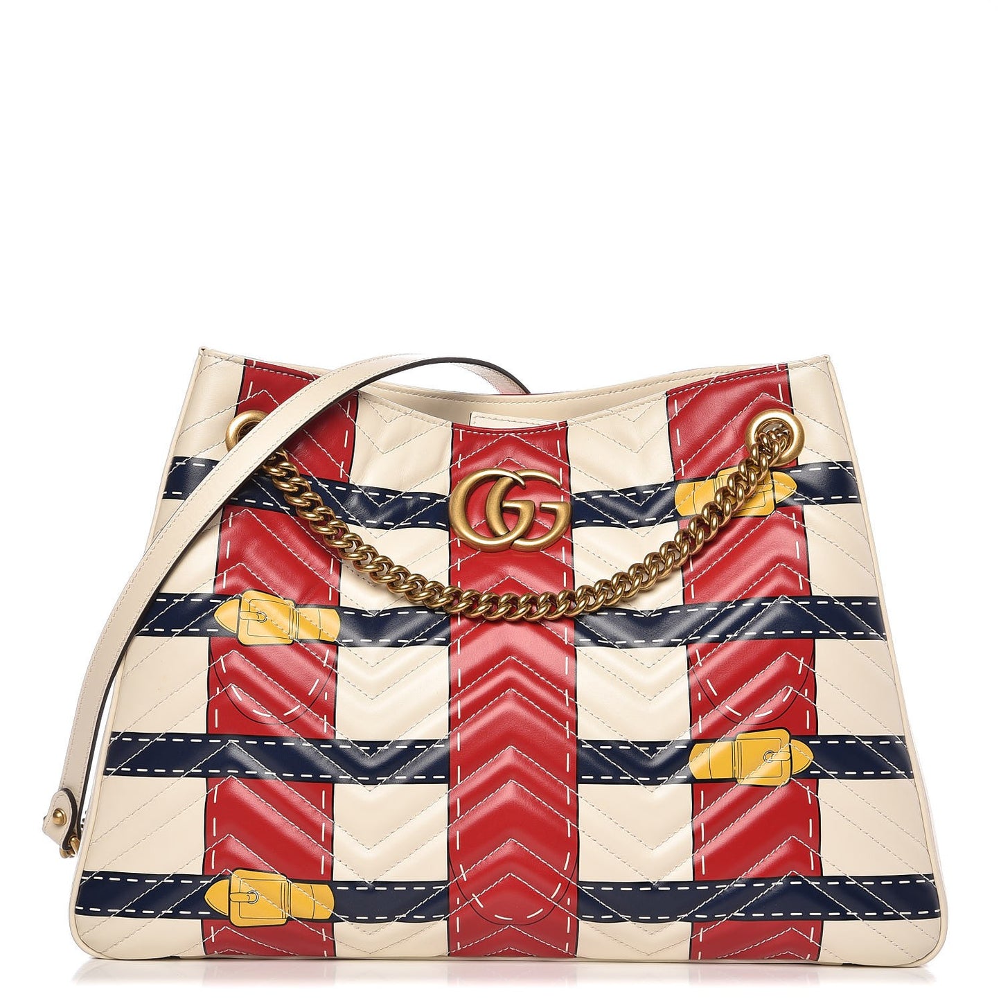 Calfskin Matelasse Trompe L'Oeil Print Medium GG Marmont Shoulder Tote Mystic White Hibiscus Red Marine Giallo