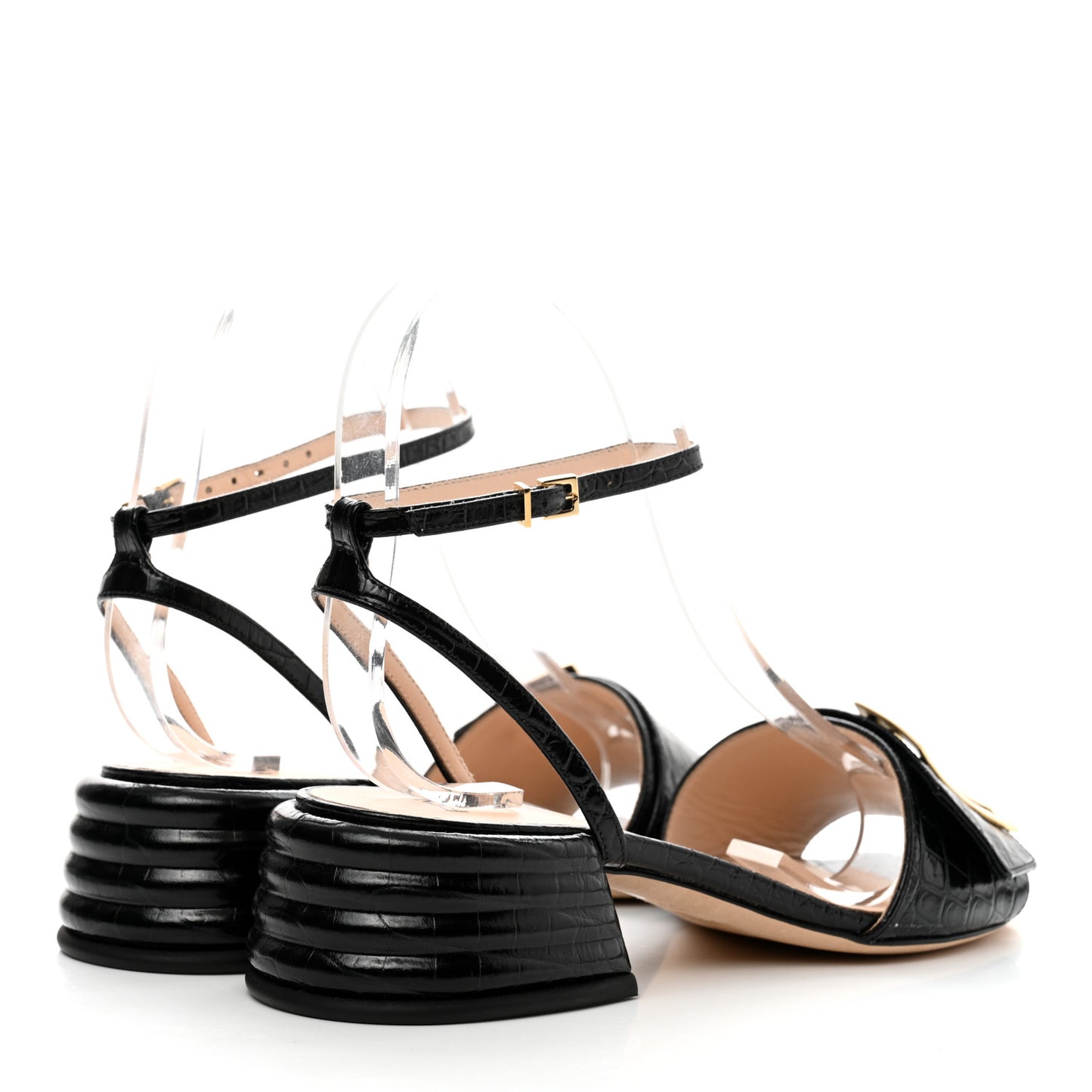 Vitello Crocodile Embossed Promenade Ankle Strap Sandals 36 Black