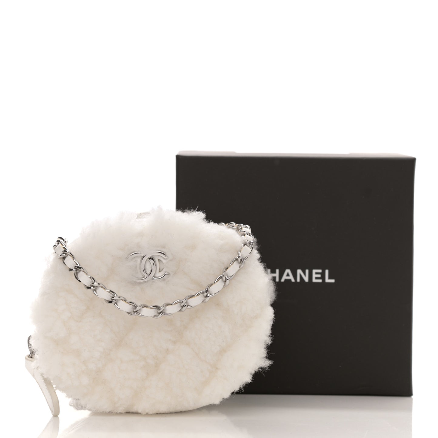 Shearling Sheepskin Lambskin Quilted Round Clutch With Chain White