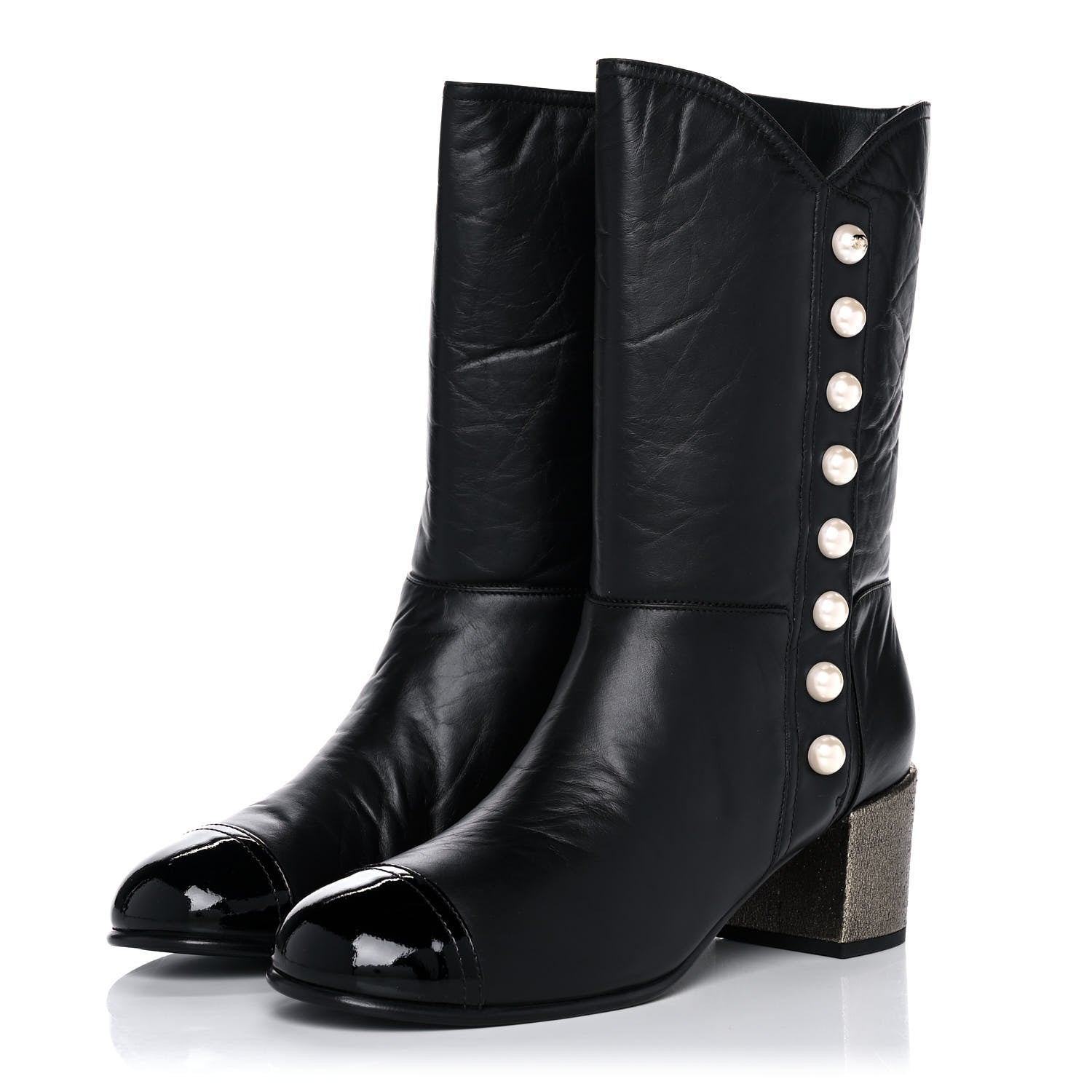 Chanel Calfskin Patent Pearl Cap Toe Boots 42 Black 3 of 9