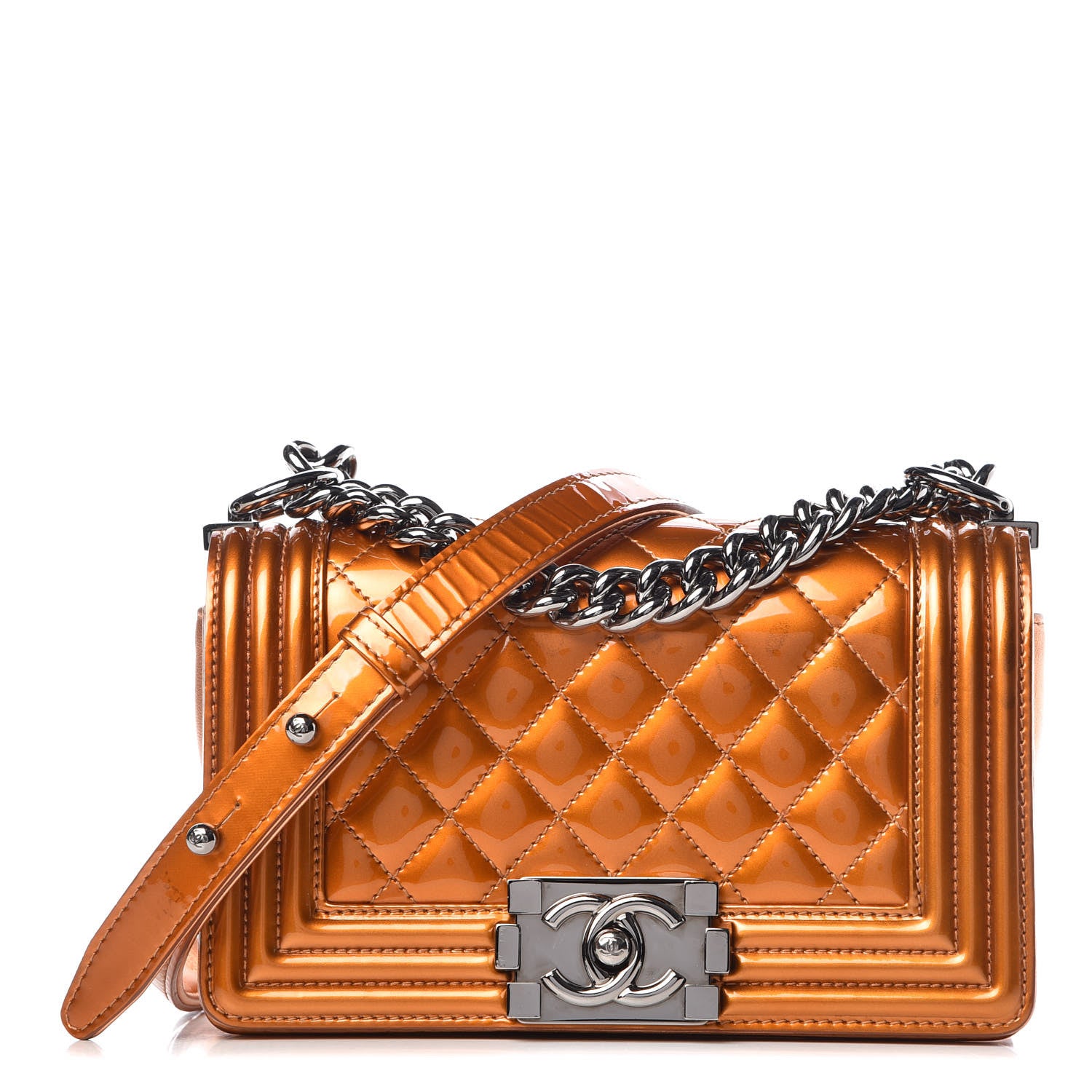 Chanel Metallic Patent Calfskin Quilted Small Boy Flap Orange 1 of 11