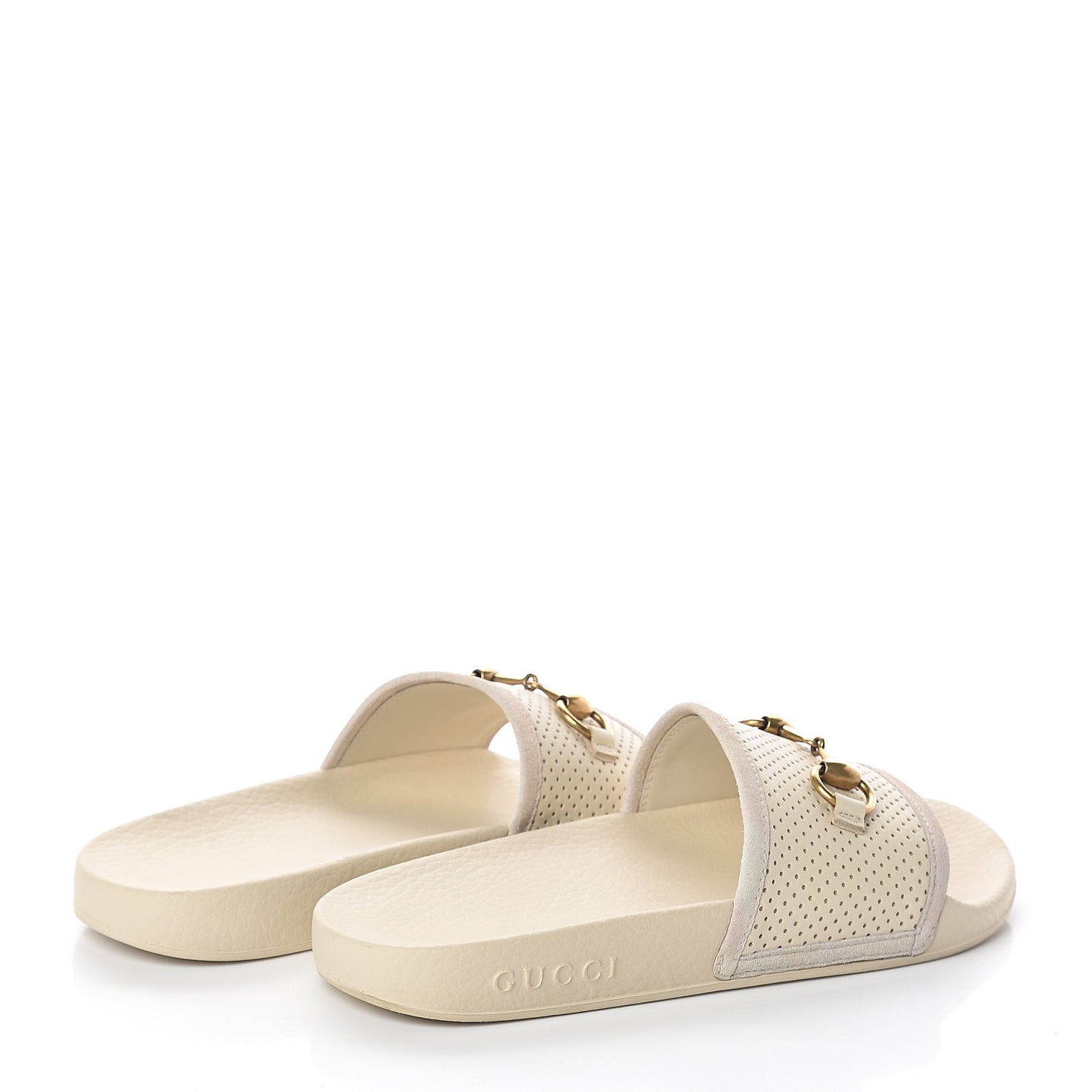 Suede Perforated Horsebit Slide Sandals 36 Ivory