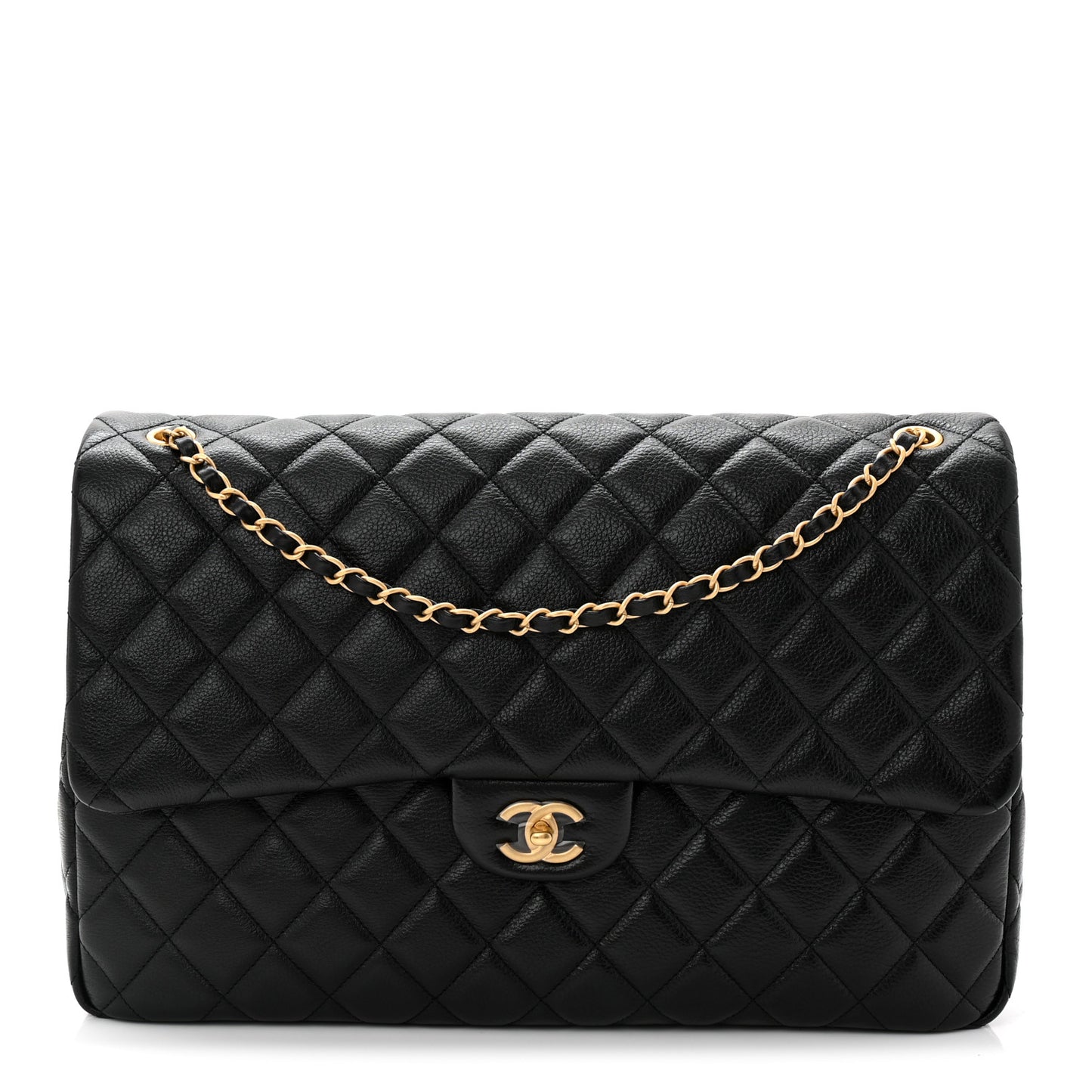Grained Calfksin Quilted XXL Travel Flap Bag Black