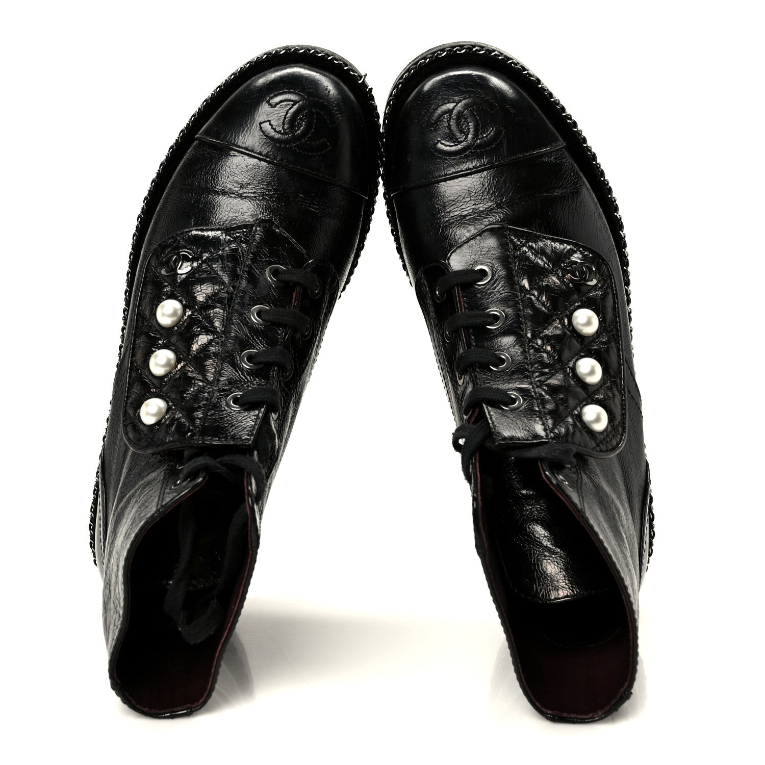 Chanel Crackled Calfskin Velvet Pearl Combat Short Boots 36 Black 2 of 11