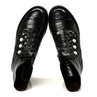Chanel Crackled Calfskin Velvet Pearl Combat Short Boots 36 Black 2 of 11