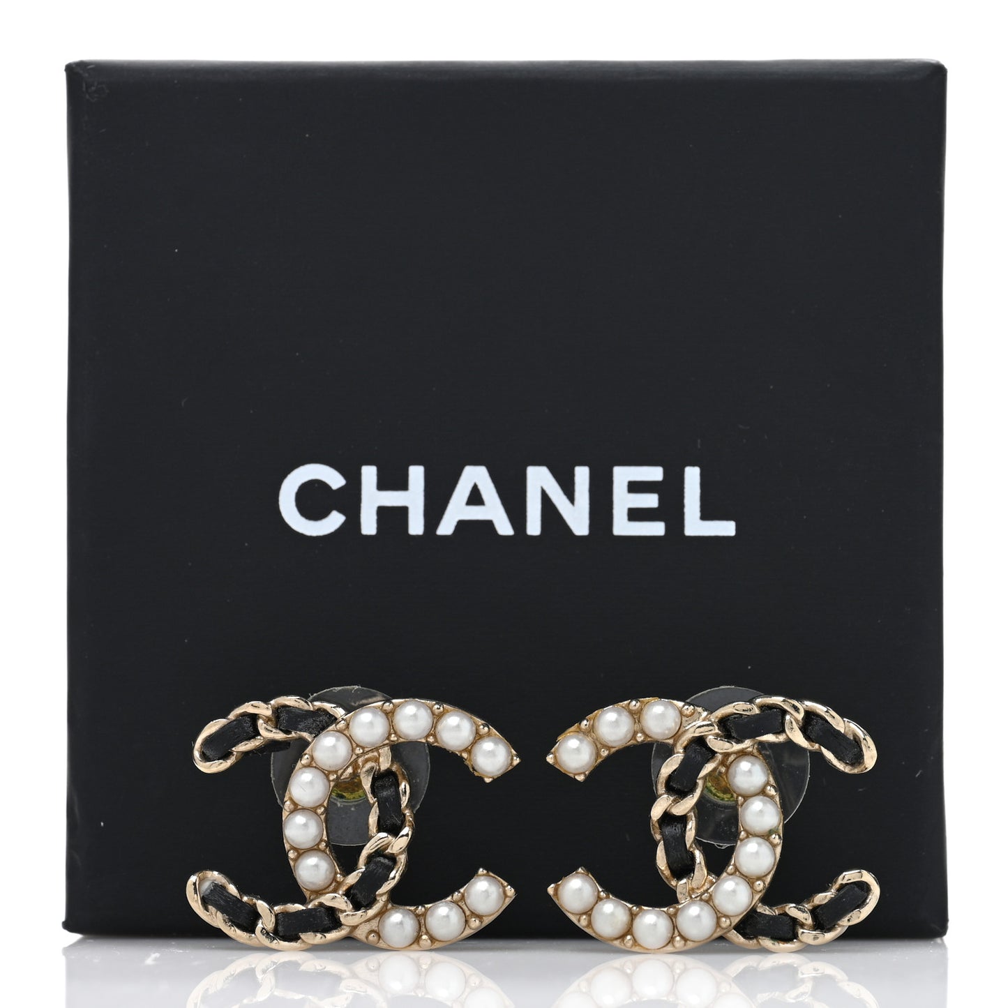 Crystal Baguette Lambskin Chain CC Vintage Allure Stud Earrings Black Gold