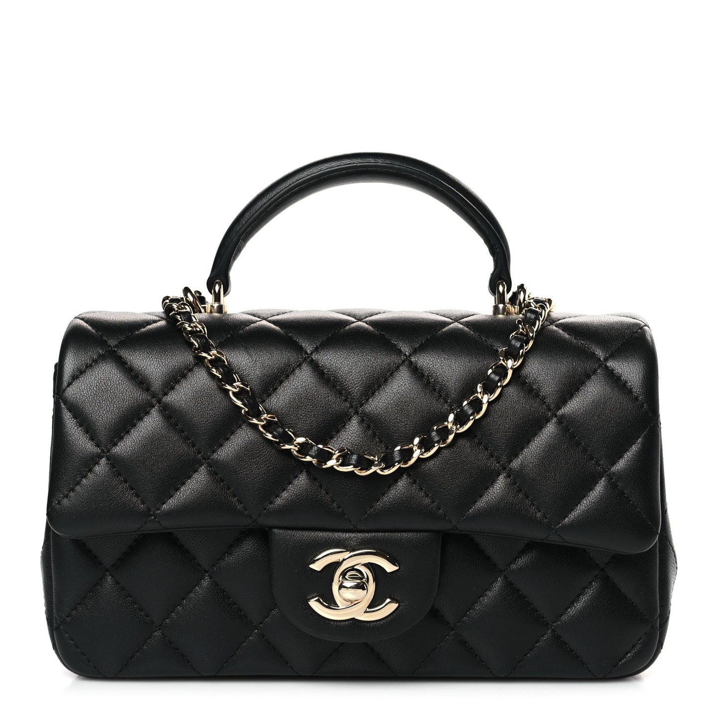 Lambskin Quilted Mini Top Handle Rectangular Flap Black