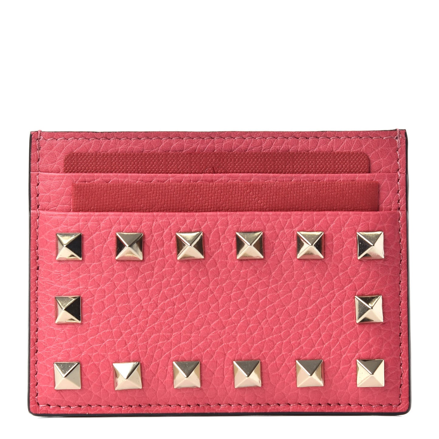 Pebbled Calfskin Rockstud Card Holder Shadow Pink