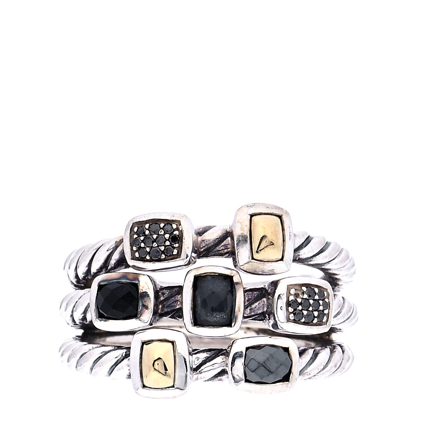 Sterling Silver Onyx Hematite Quartz Confetti 3 Row Ring 54 7