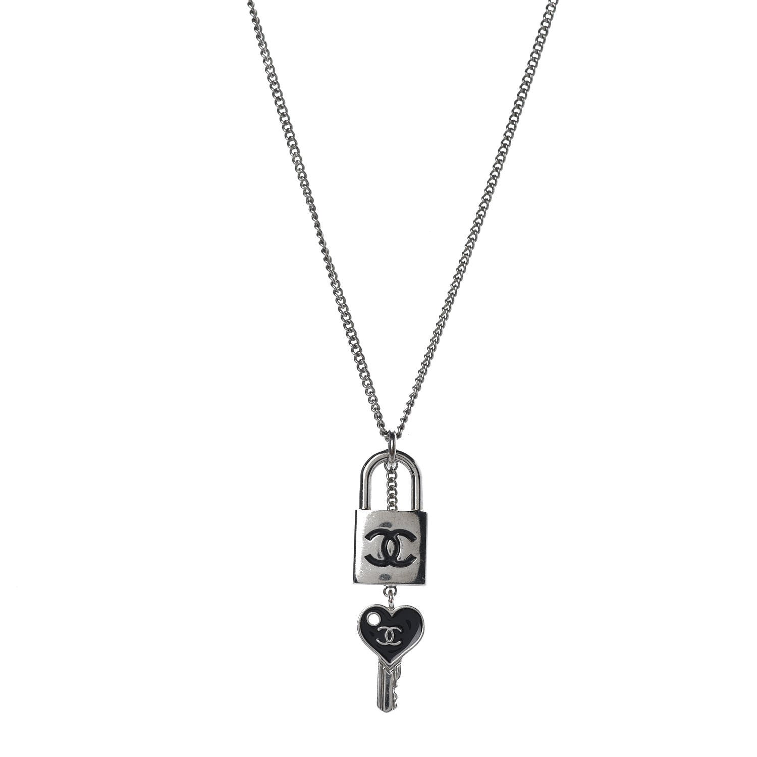 Chanel Enamel CC Padlock Heart Key Necklace Black Silver 1 of 4