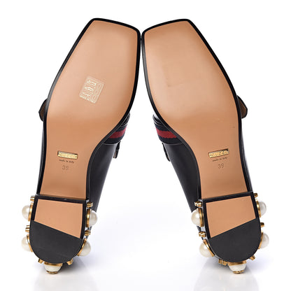 Gucci Betis Glamour Calfskin Web Pearl Embellished Peyton 35mm Loafer Pumps 39 Black 9 of 11
