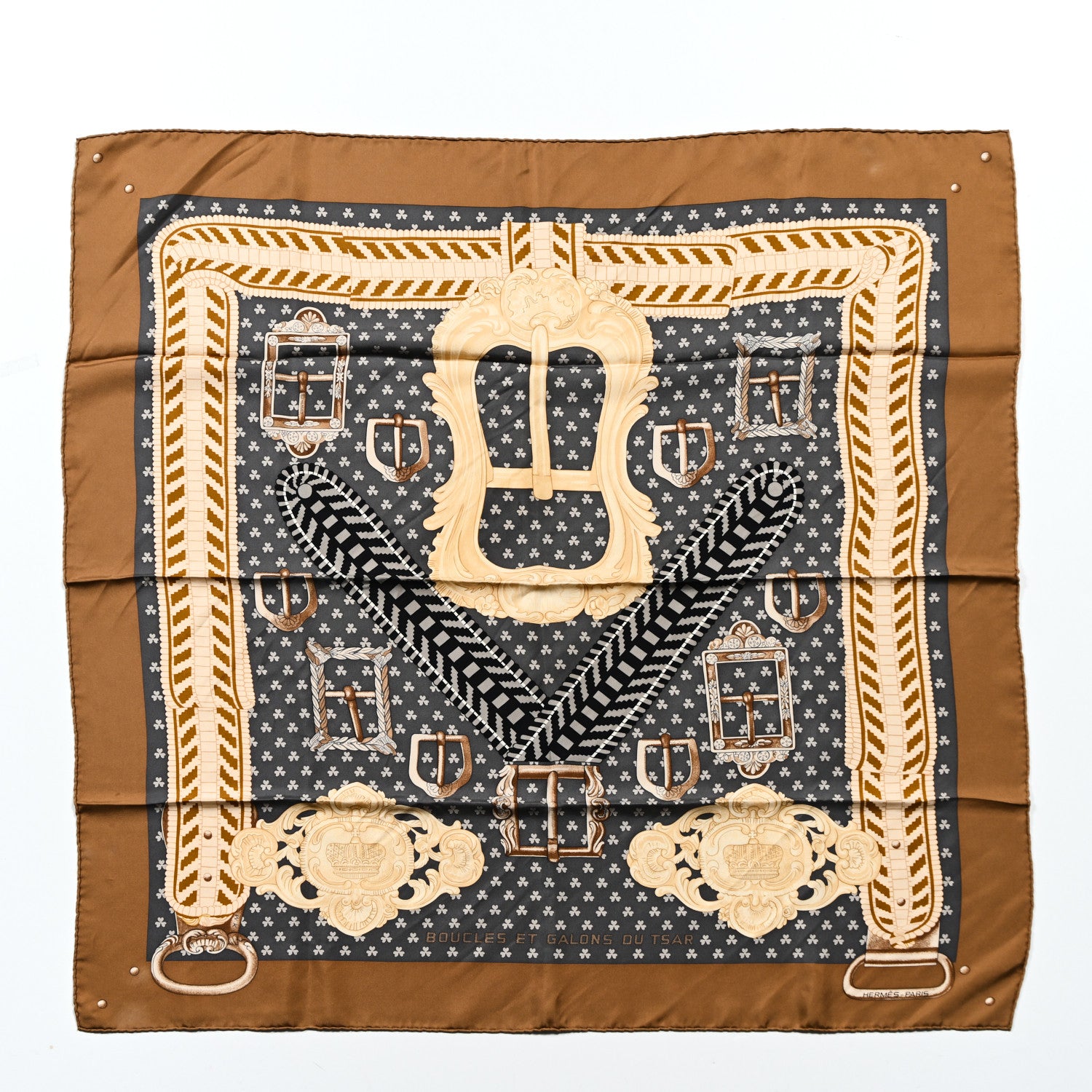 Hermes Silk Boucles Et Galons Du Tsar Scarf 90 Camel Black Gris 2 of 13
