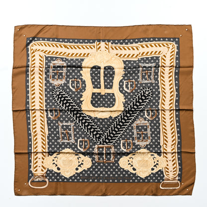 Hermes Silk Boucles Et Galons Du Tsar Scarf 90 Camel Black Gris 2 of 13