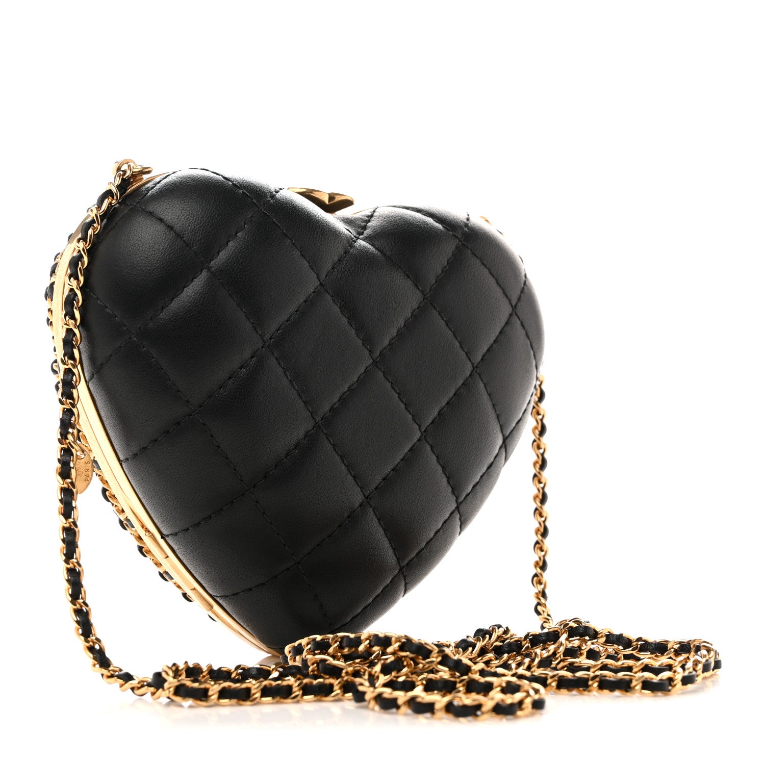 Chanel Metal Lambskin Quilted CC Heart Minaudiere Crossbody Black