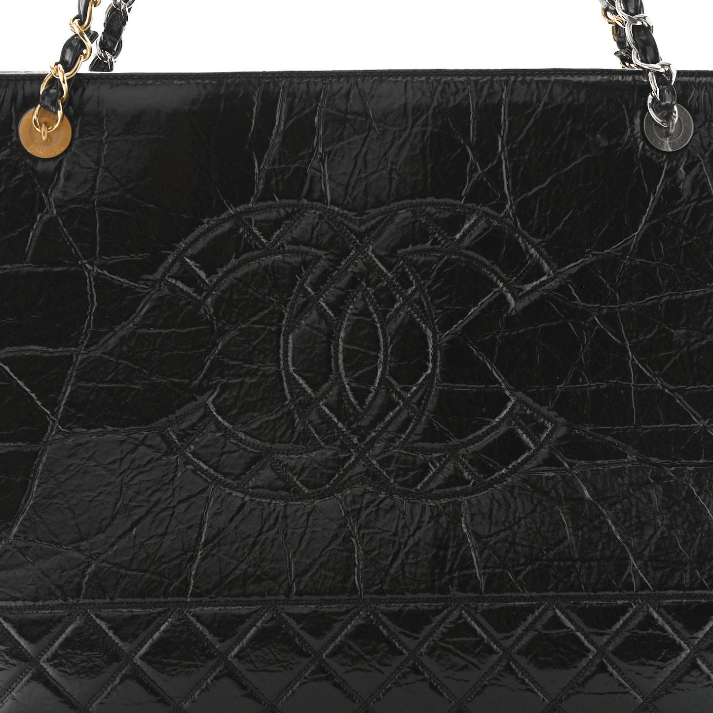 Shiny Aged Calfskin Quilted Large Shopping Bag Black