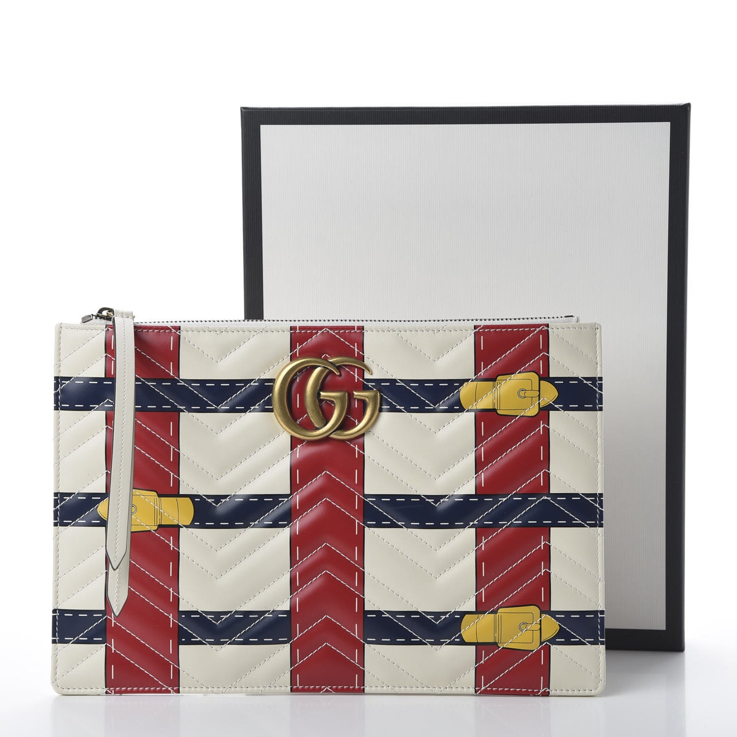 Calfskin Matelasse Trompe L'Oeil Print GG Marmont Zip Pouch White