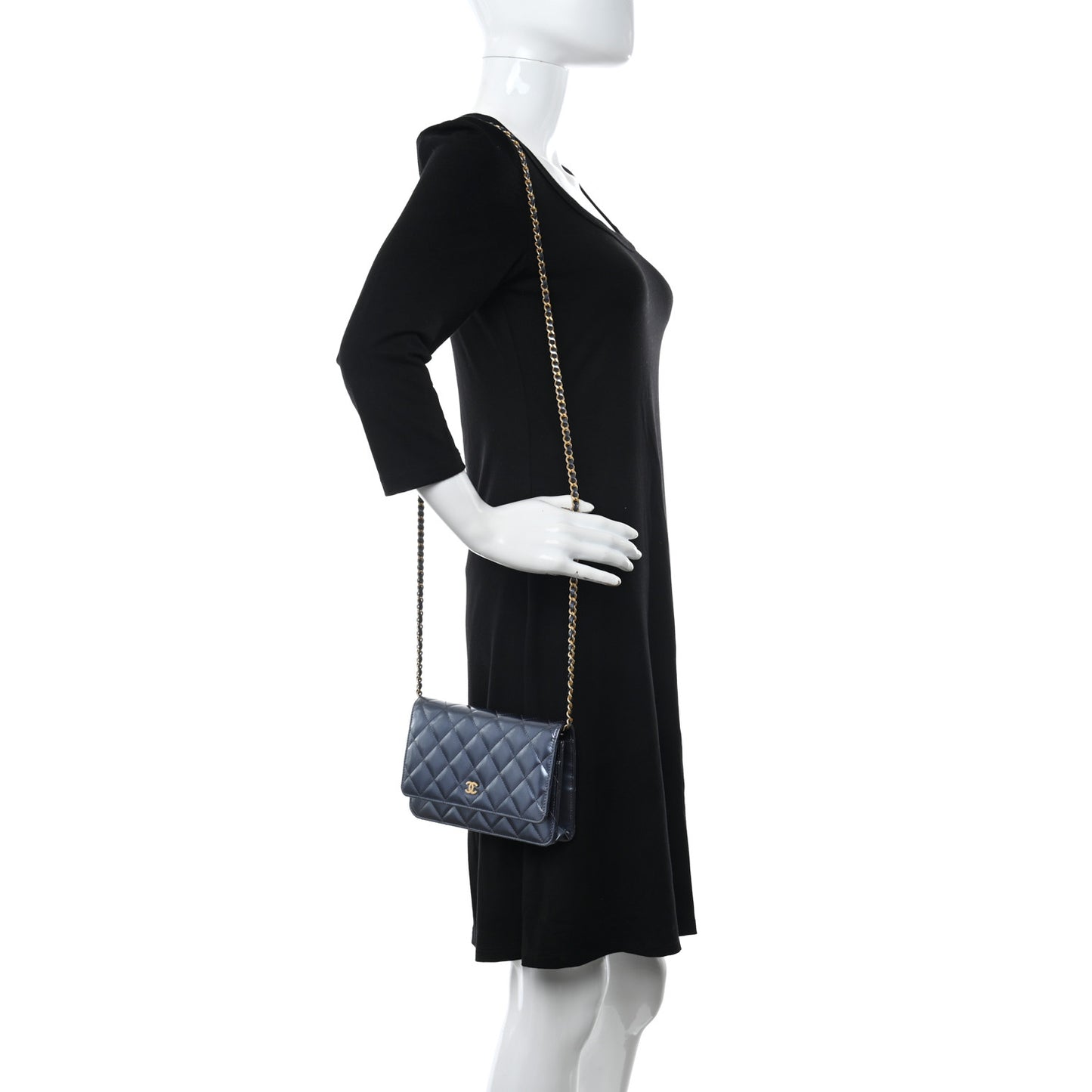 Metallic Lambskin Wallet On Chain WOC Dark Blue