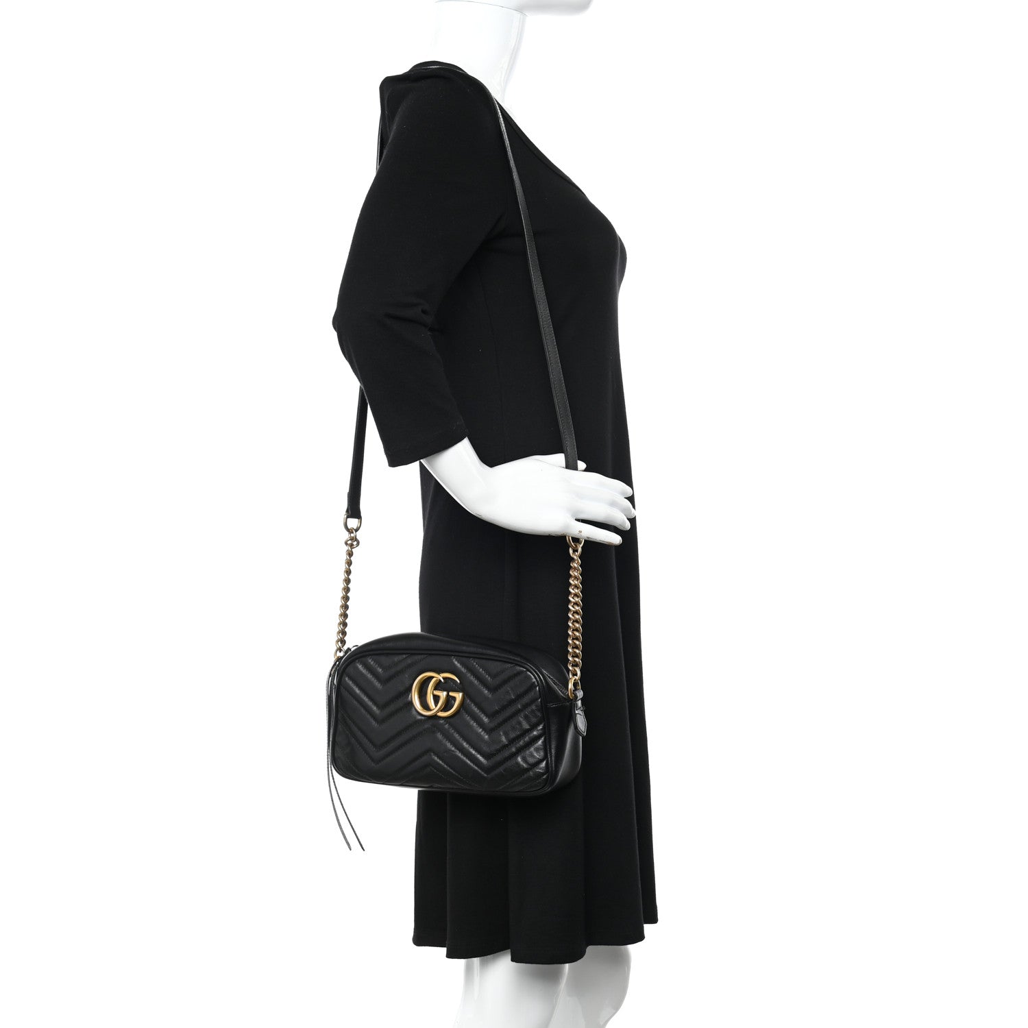 Gucci Calfskin Matelasse Small GG Marmont Chain Shoulder Bag Black 2 of 12