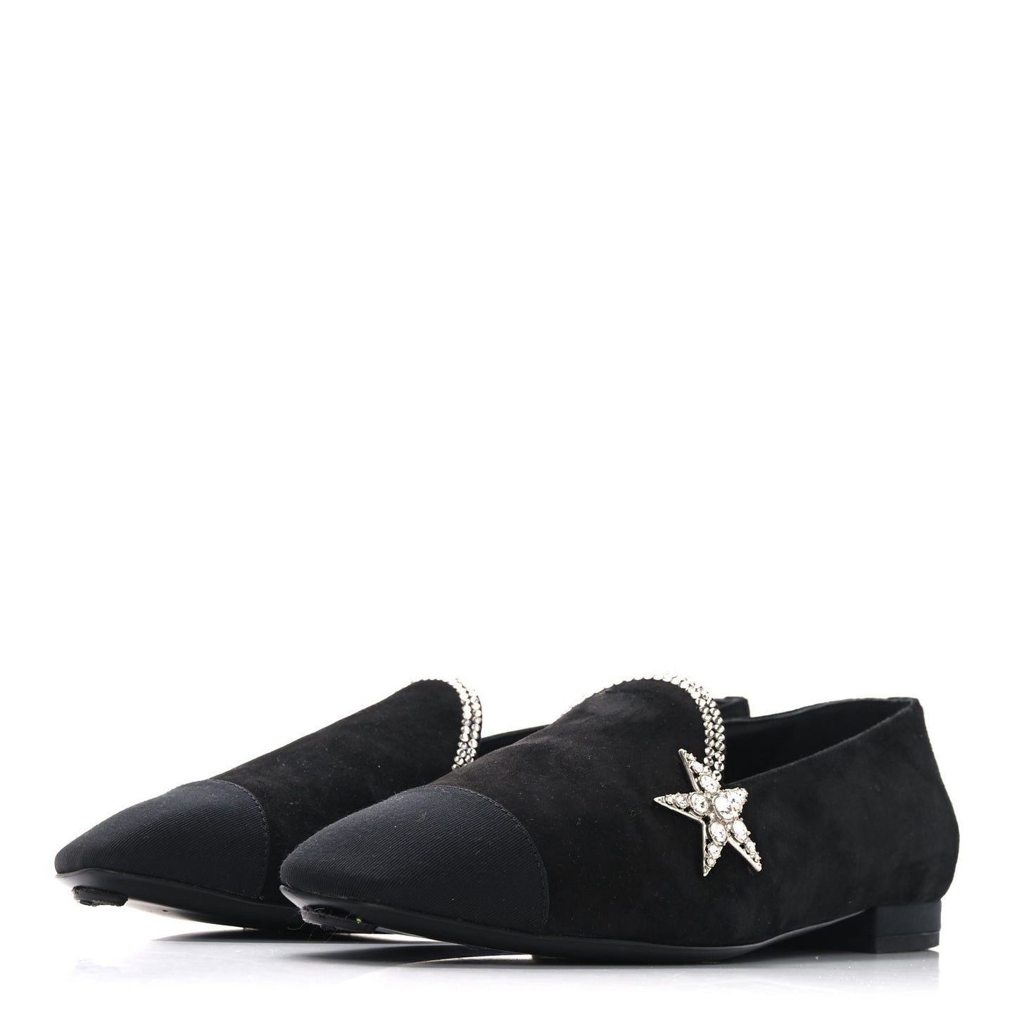 Suede Calfskin Grosgrain Crystal Star Mocassin Loafers 38 Black