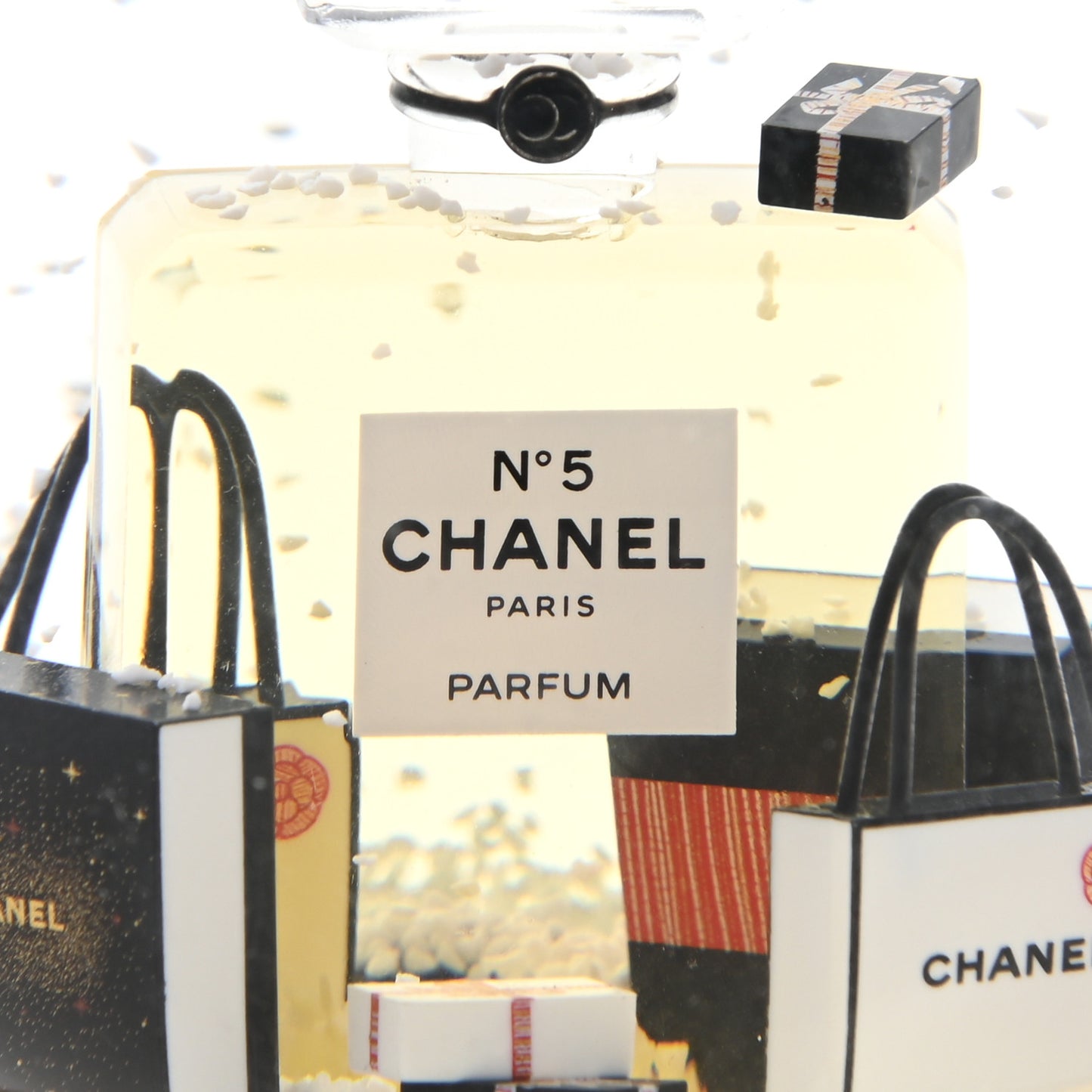 Glass N°5 Perfume Bottle Snow Globe Gold