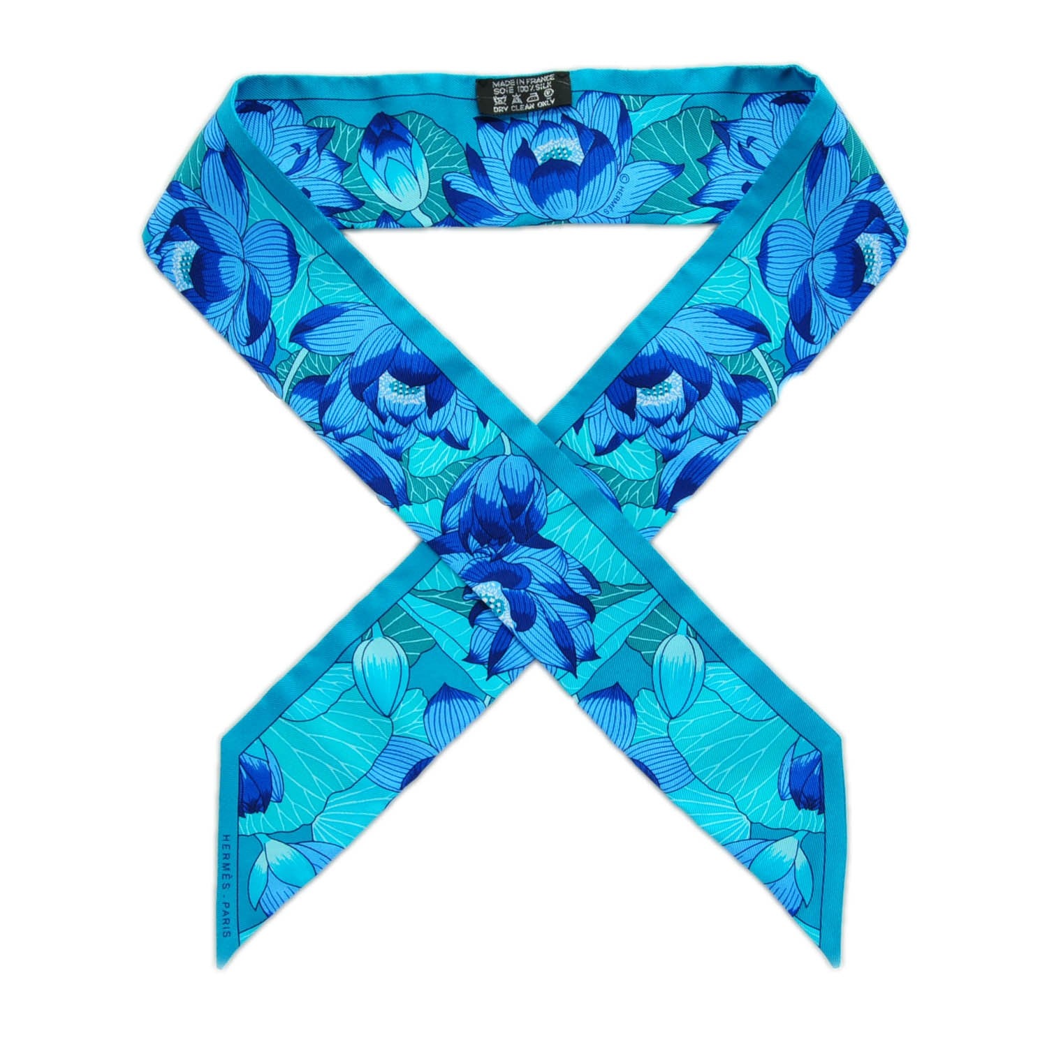 Hermes Silk Fleurs de Lotus Twilly Canard Bleu Dur Turquoise 1 of 5