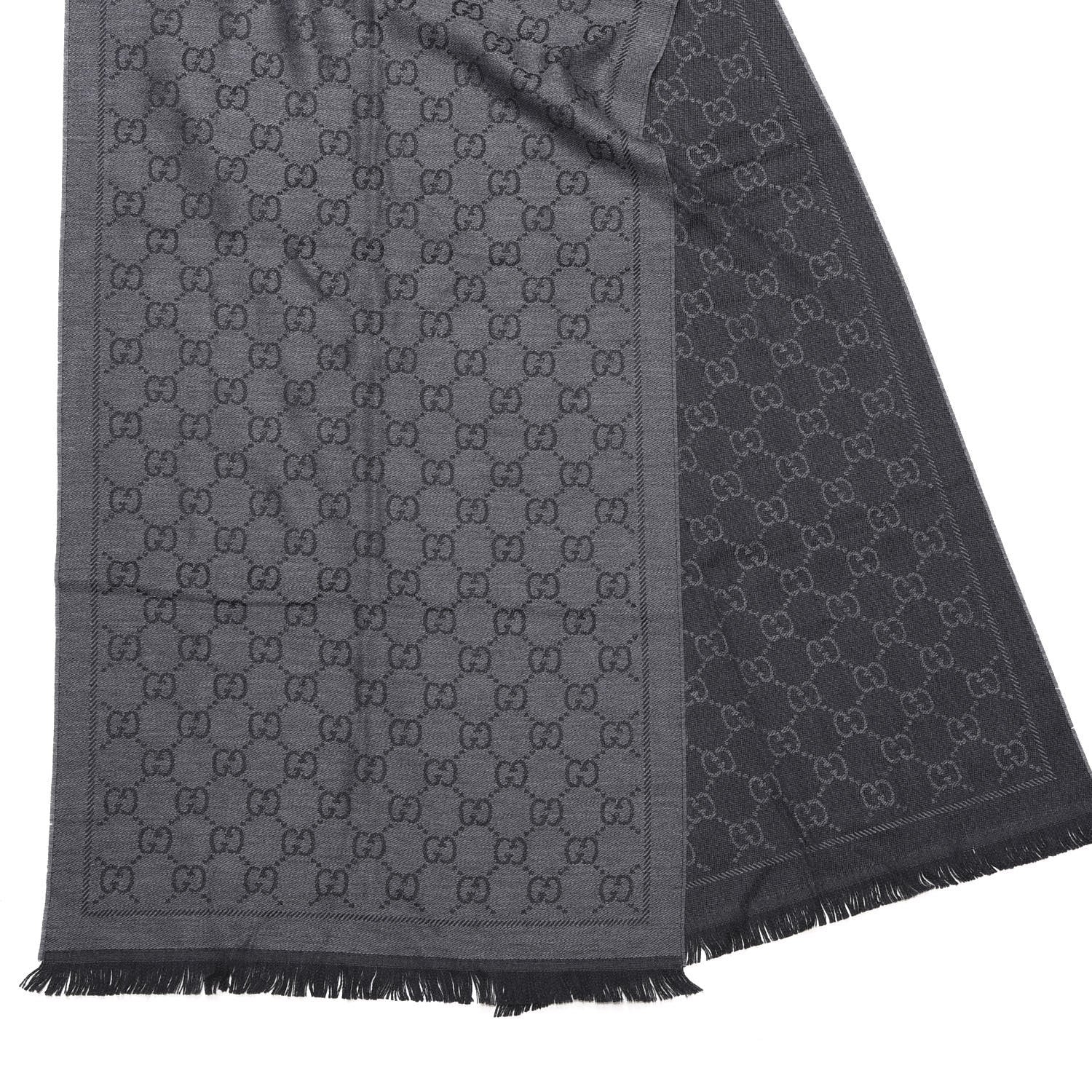Gucci Wool Jacquard GG Monogram Sten Fringe Scarf Anthracite Black 2 of 2