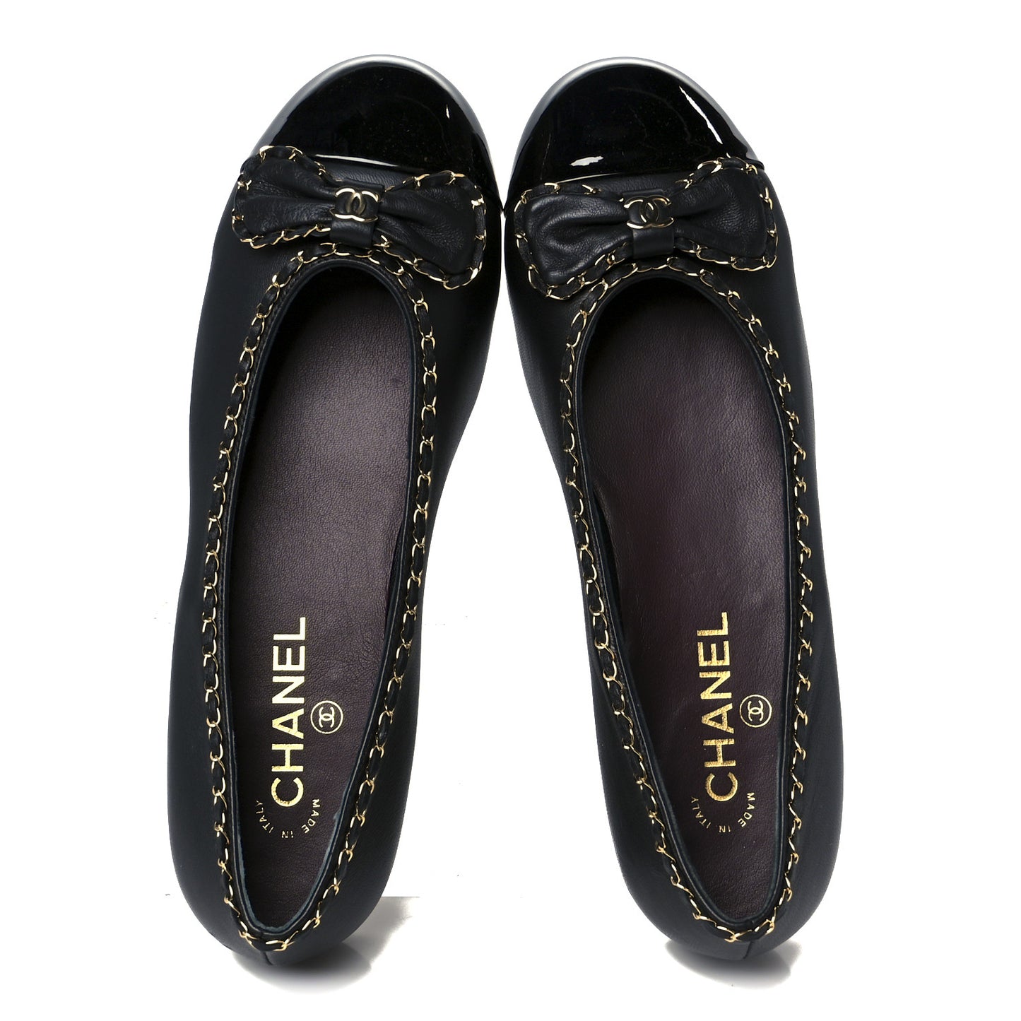 Lambskin Patent Cap Toe Chain Around Ballerina Flats 39.5 Black