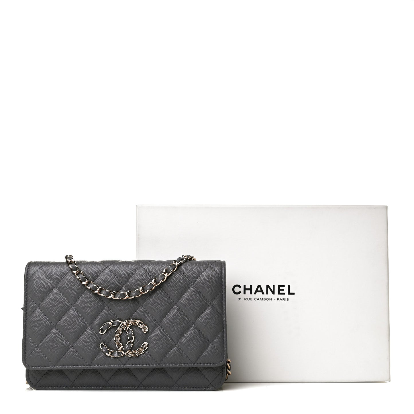 Caviar Quilted French New Wave Chain CC Wallet On Chain WOC Grey