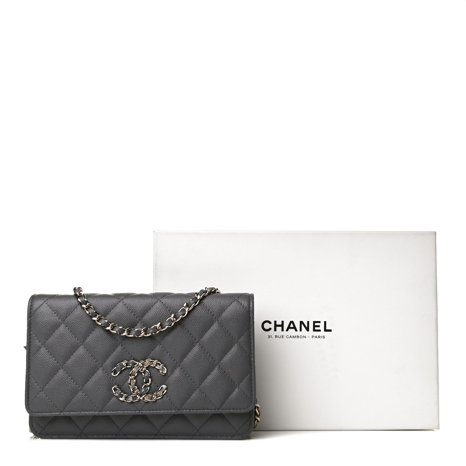 Chanel Caviar Quilted French New Wave Chain CC Wallet On Chain WOC Grey 14 of 14