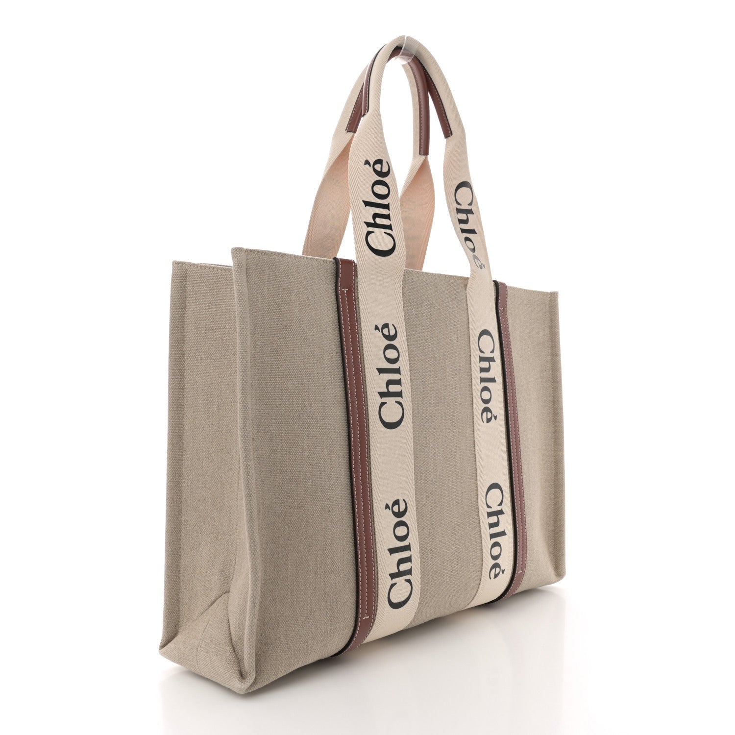 Chloe Linen Calfskin Large Woody Ribbon Tote White Brown 3 of 12