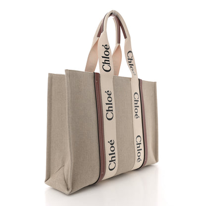 Chloe Linen Calfskin Large Woody Ribbon Tote White Brown 3 of 12