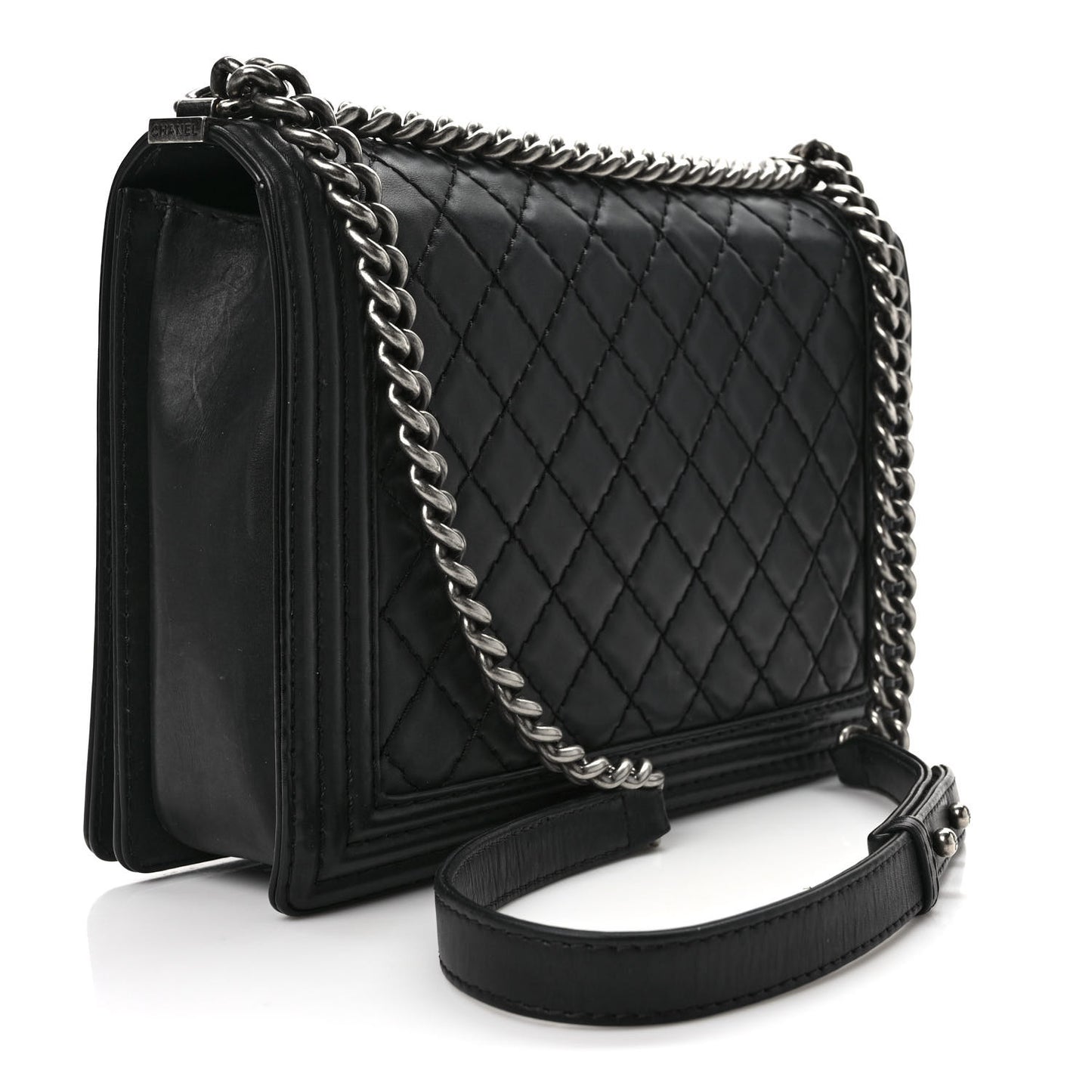 Calfskin Quilted Large Boy Flap Black