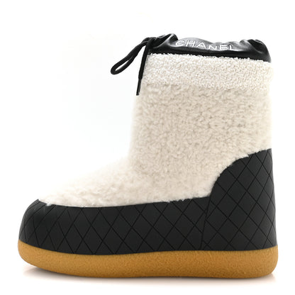 Chanel Tweed Shearling Sheepskin Drawstring Snow Ankle Boots 36 White 1 of 9