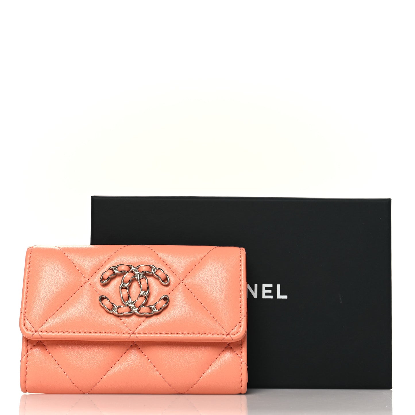 Lambskin Quilted Chanel 19 Flap Card Holder Light Orange