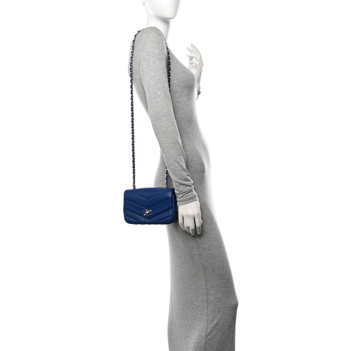 Caviar Chevron Quilted Small Single Flap Blue