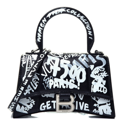 Balenciaga Smooth Calfskin Graffiti Hourglass Top Handle Bag XS Black White 1 of 11