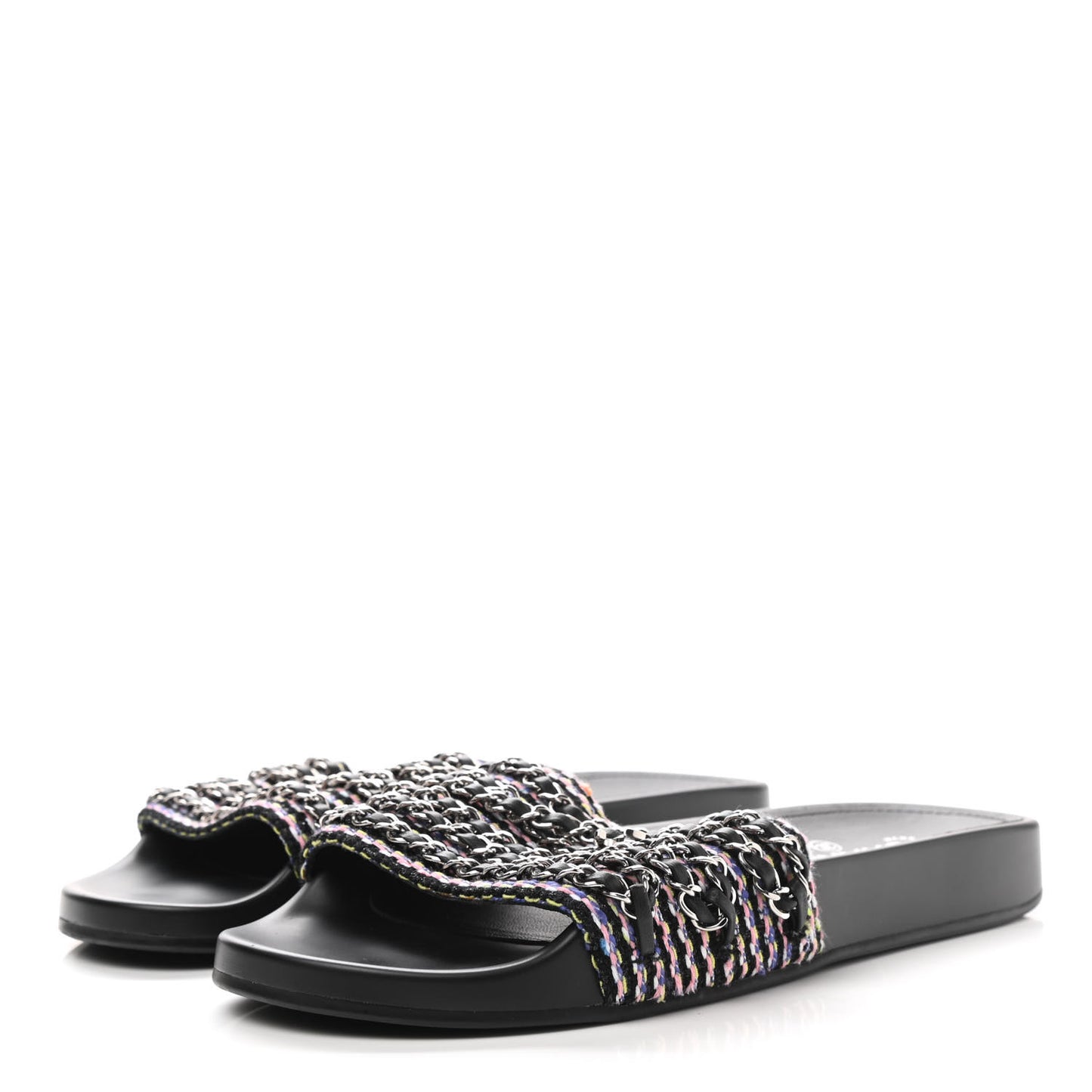 Tweed Lambskin Chain Flat Sandals 41 Black Multicolor