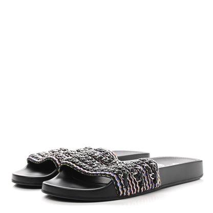 Chanel Tweed Lambskin Chain Flat Sandals 41 Black Multicolor 3 of 8