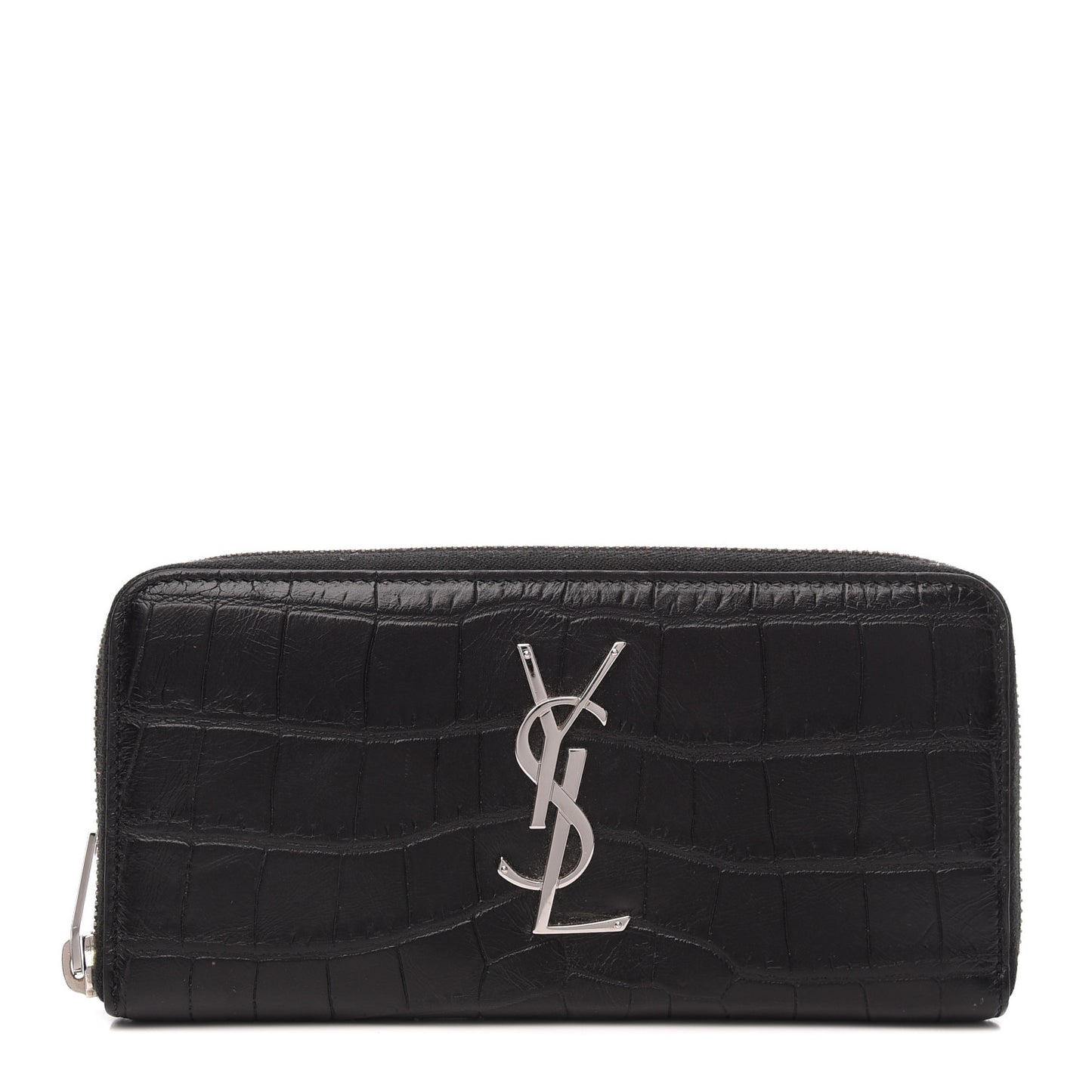 Calfskin Crocodile Embossed Monogram Zip Around Wallet Black