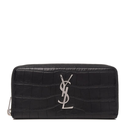 Saint Laurent Calfskin Crocodile Embossed Monogram Zip Around Wallet Black 1 of 6