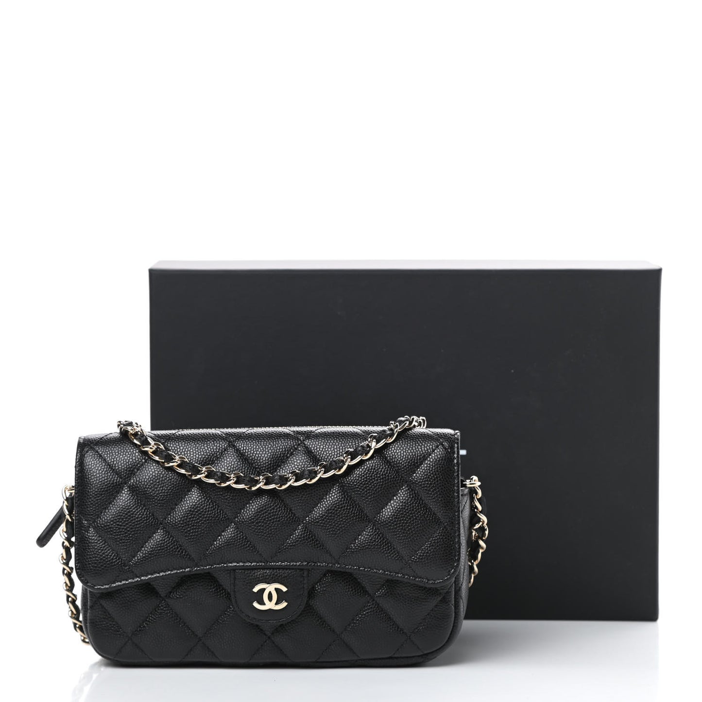Caviar Quilted Flap Phone Holder With Chain Black