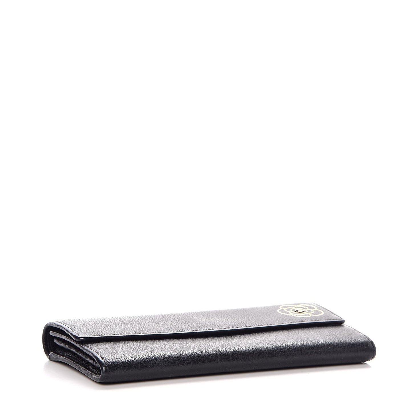 Goatskin Camellia Embossed Flap Wallet Black