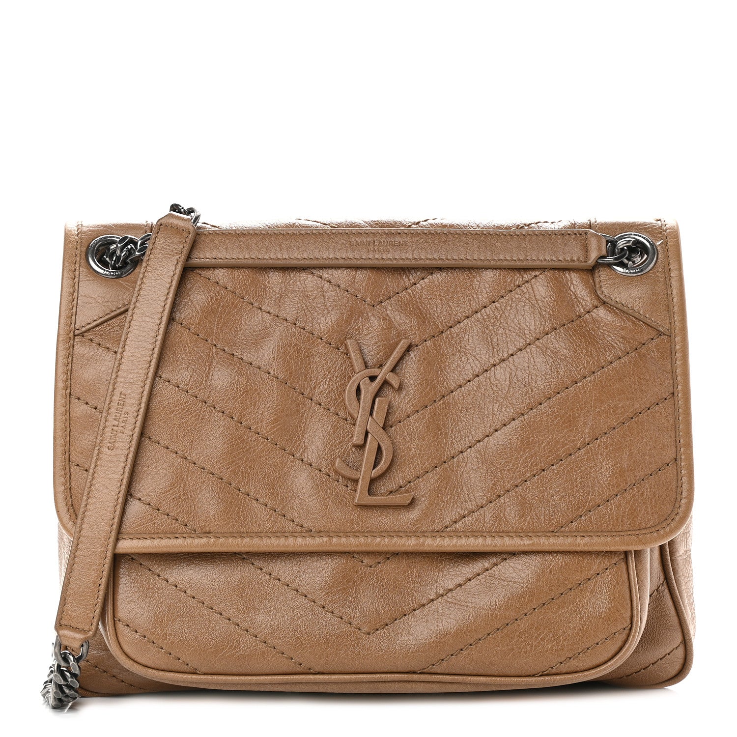 Saint Laurent Crinkled Calfskin Matelasse Monogram Medium Niki Chain Satchel Caramel 1 of 8