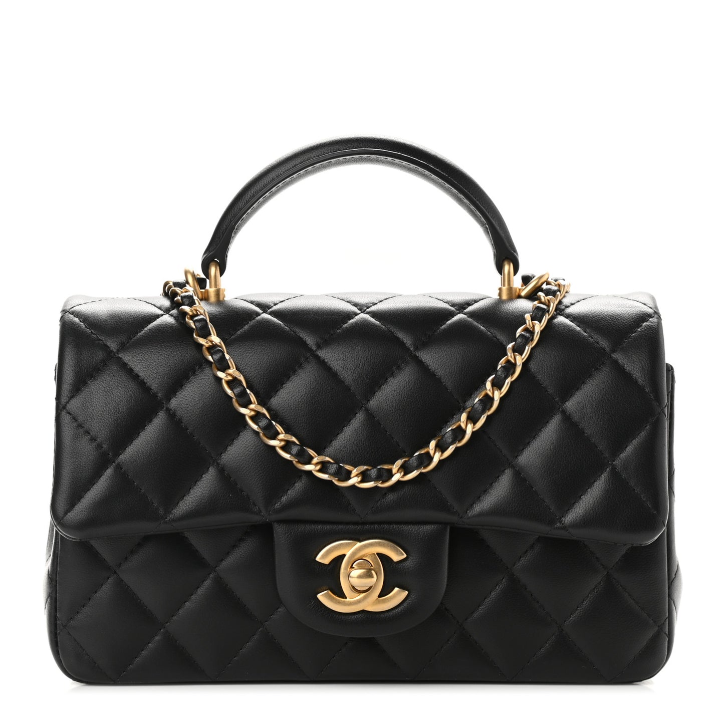 Lambskin Quilted Mini Top Handle Rectangular Flap Black