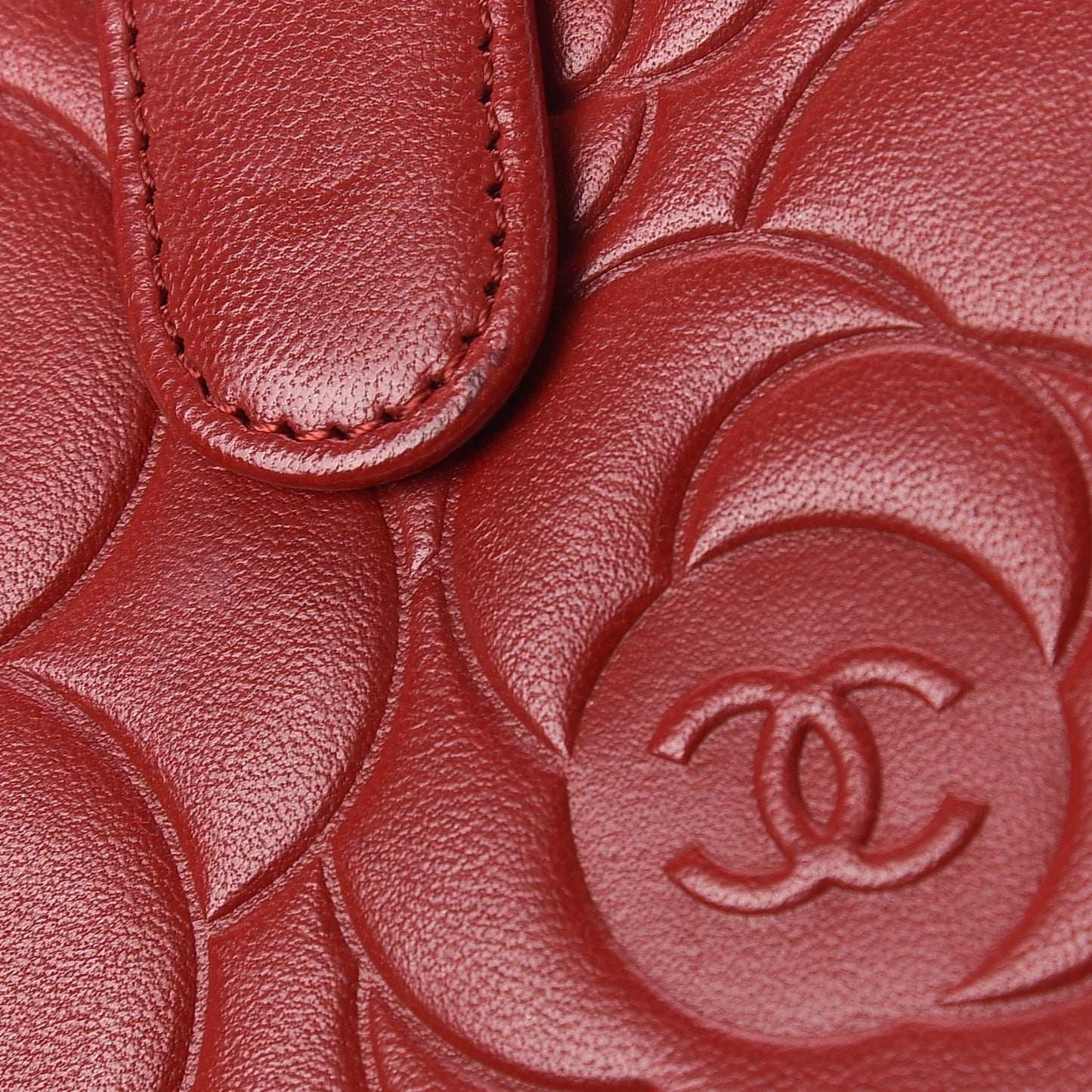 Lambskin Camellia Embossed French Wallet Dark Red