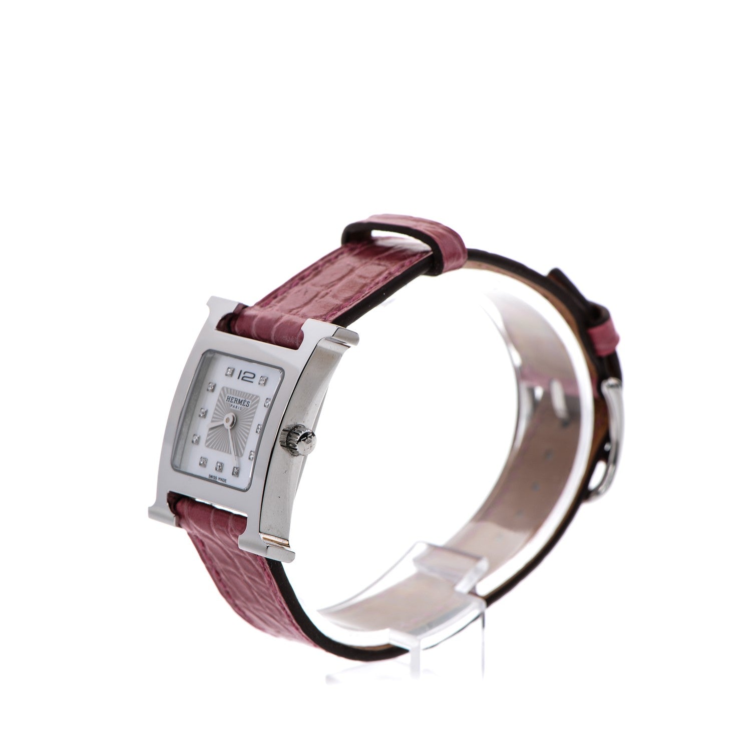 Hermes Stainless Steel Alligator Diamond Mother of Pearl 21mm Heure H Hour Quartz Watch Framboise 4 of 10