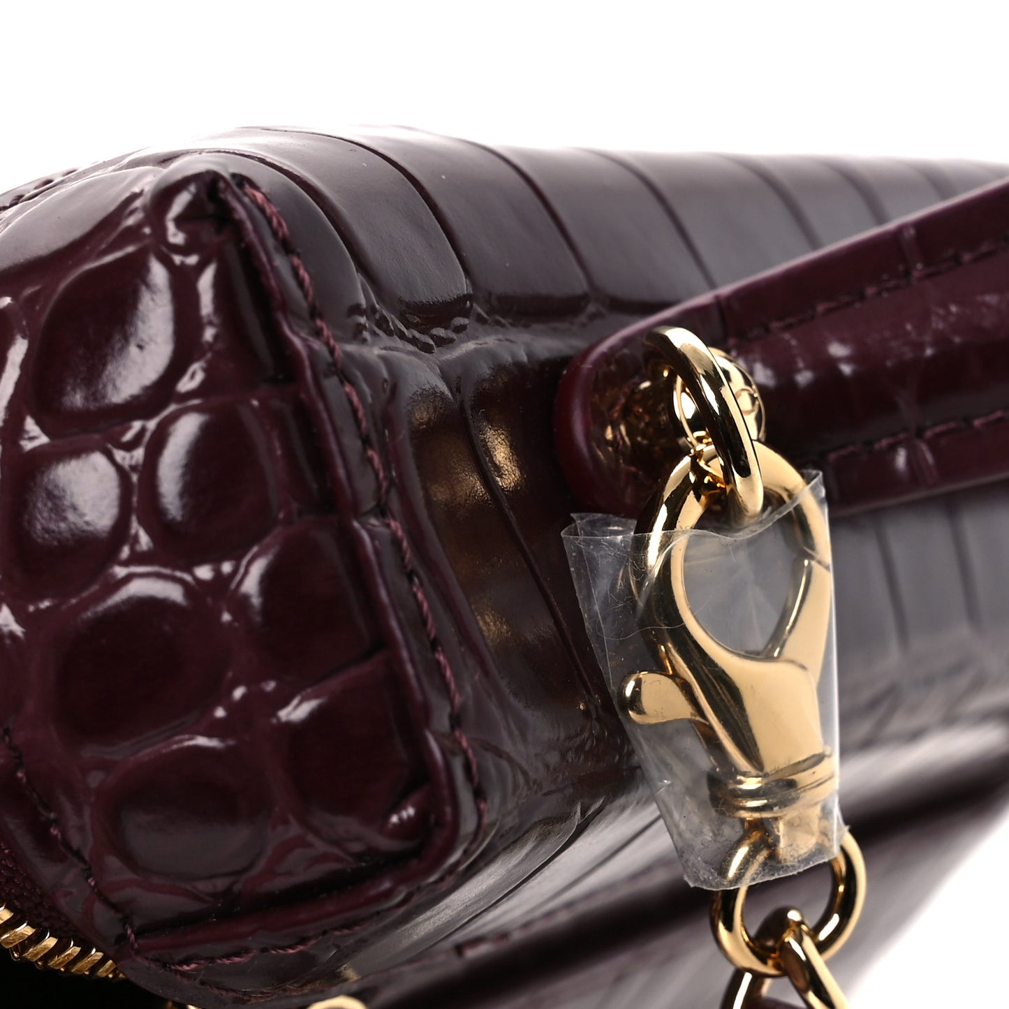 Calfskin Crocodile Embossed Crococo Small Slim Vanity Case With Chain Dark Burgundy