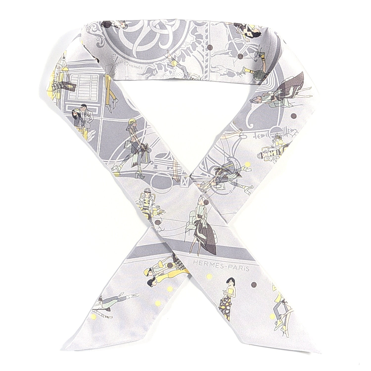 Hermes Silk Ex-Libris Les Parisiennes Twilly Gris Perle Jaune 2 of 6